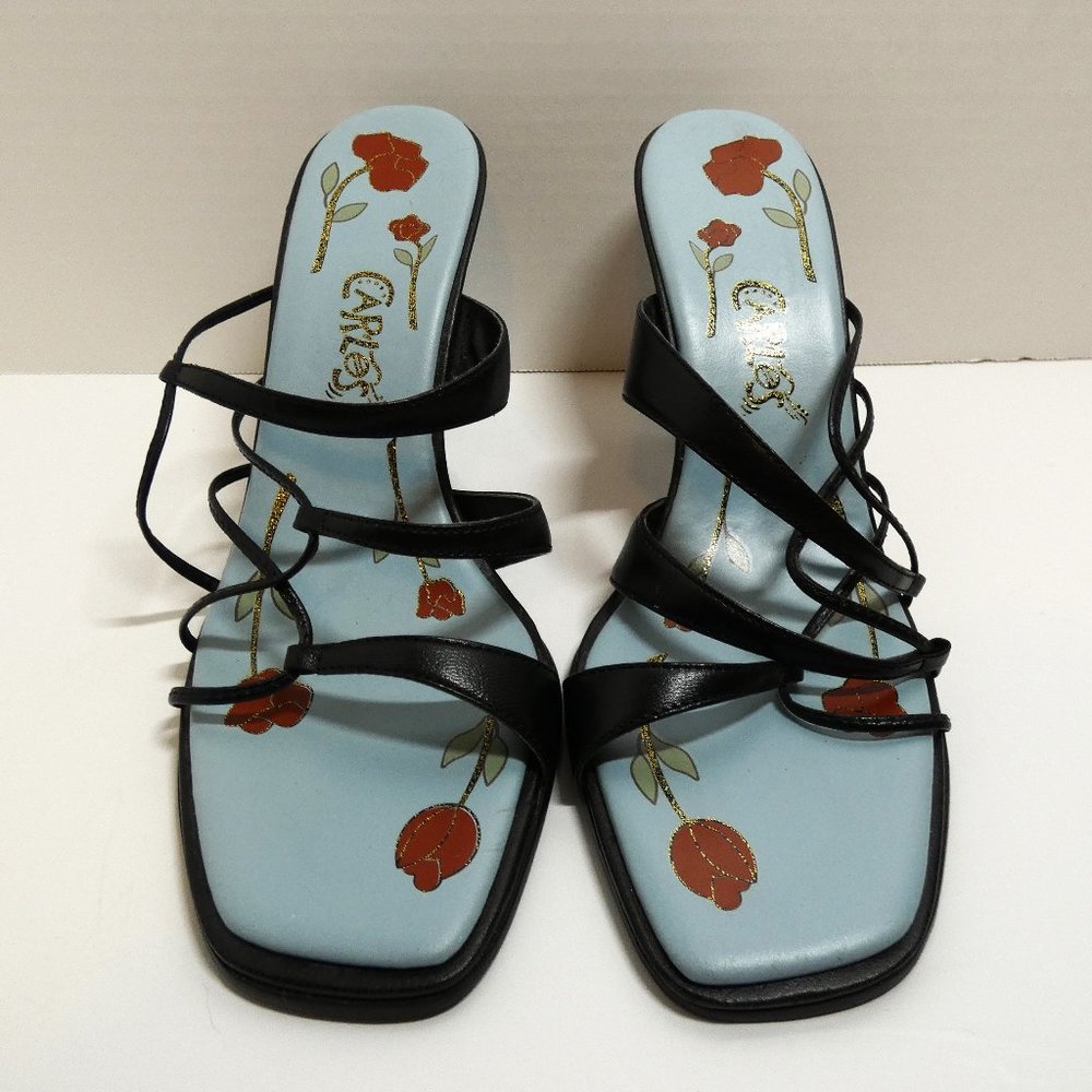 Carlos Black 3" Heels Made in Brazil Leather Uppers RED ROSES on Blue Wm 8 1/2